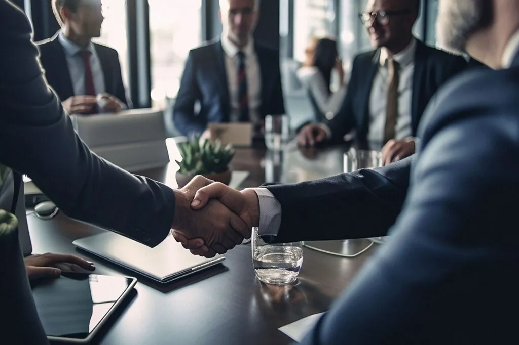 Deal partners shaking hands after a signing
